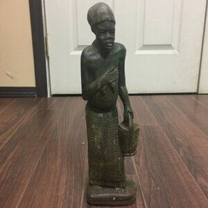 Vintage Stone Sculpture African Woman with Basket Statue Figure 14.5"